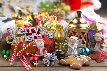 Merry Christmas and Happy New Year, postcard with gifts and Christmas decorations.