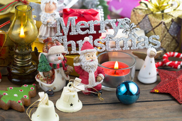 Merry Christmas, postcard with gifts and Christmas decorations.