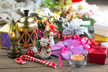 Merry Christmas card with gifts and, coffee and Christmas decorations.