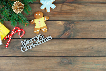 Merry Christmas card with gifts and coffee and Christmas decorations.