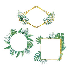 Tropical set of geometry gold frames with leaves on a white background.