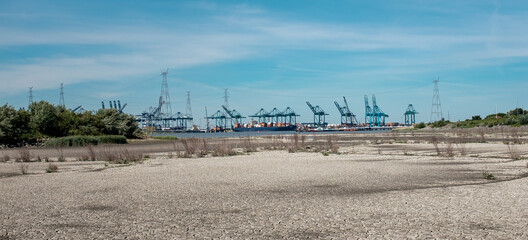 Dry mud in nature reserve potpolder (South of village Lillo) with Port of Antwerp cranes in the background.