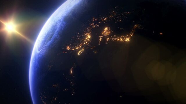 Slow Sunset Overt Asia. The Earth Seen From Space. Asian City Lights.