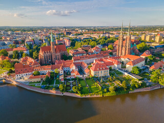 Aerial panoramic view of Wroclaw old town and Cathedral on the shore of Odra