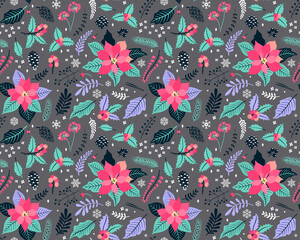 Fototapeta premium Seamless floral pattern with winter plants. Winter floral background. Colorful pattern with Christmas floral elements on a gray background. Holiday design for Christmas and New Year fashion prints.
