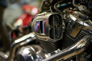 Contemporary motorbike engine part close up horizontal shot