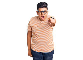 Fototapeta premium Little boy kid wearing casual clothes and glasses pointing displeased and frustrated to the camera, angry and furious with you
