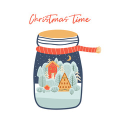 Christmas village Winter landscape into jar Christmas greating card. Vintage buildings with trees Winter scene