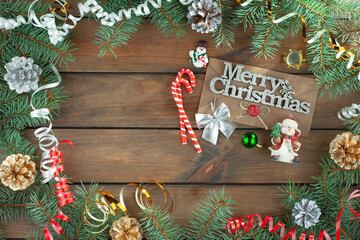 Merry Christmas, postcard with gifts and Christmas decorations.