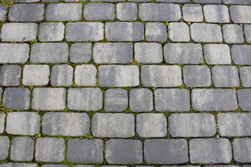 Texture of concrete pavement or sidewalk with paving slabs, top view. Blocks of the sidewalk pattern, details of the stone-tiled path
