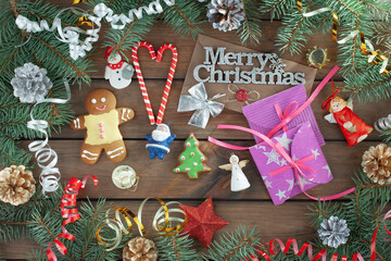 Merry Christmas, postcard with gifts and Christmas decorations.