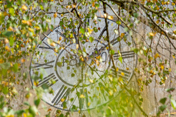 Old clock seen through autumn tree leaves