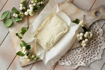 farm cottage on wooden shabby background protein healthy diet eco product, flat lay image