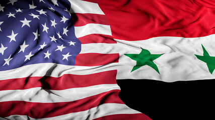 US - Syria Combined Flag | United States and Syria Relations Concept | American - Syrian Relationship Cover Background - Trade, Asylum, Partnership, Conflict, Tensions, Negotiations - Illustration