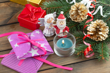 Merry Christmas card with gifts and, coffee and Christmas decorations.