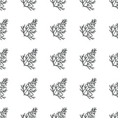 Spruce pine branch outline seamless pattern. Black plant sketch isolated on white background. Holly december merry christmas celebration.