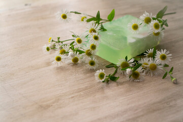 homemade transparent green soap with daisies on a light shabby background