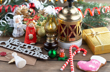 Merry Christmas, postcard with gifts and Christmas decorations.