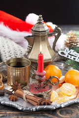 Merry Christmas, postcard with gifts and Christmas decorations.