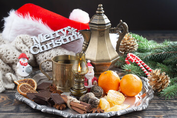 Merry Christmas card with gifts and coffee and Christmas decorations.