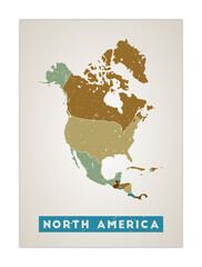 North America map. Continent poster with regions. Old grunge texture. Shape of North America with continent name. Astonishing vector illustration.