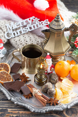 Merry Christmas, postcard with gifts and Christmas decorations.