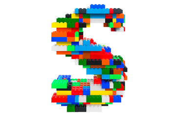 Letter S from colorful building toy blocks, 3D rendering
