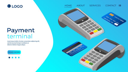 Payment terminal credit card and coins.Isometric image of payment terminals in different angles and credit cards.The concept of online payments and money transfers.vector illustration.