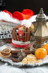 Merry Christmas and Happy New Year, postcard with gifts and Christmas decorations.