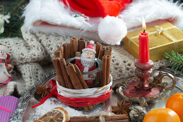 Merry Christmas, postcard with gifts and Christmas decorations.