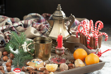 Merry Christmas card with gifts and, coffee and Christmas decorations.