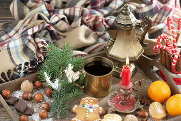 Merry Christmas, postcard with gifts and Christmas decorations.