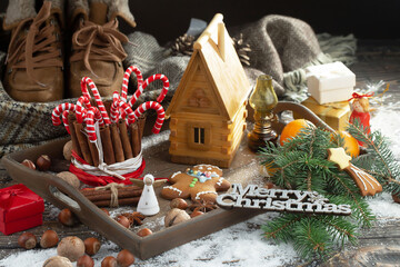 Merry Christmas, postcard with gifts and Christmas decorations.