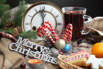 Merry Christmas and Happy New Year, postcard with gifts and Christmas decorations.