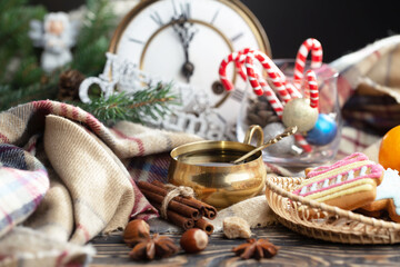 Merry Christmas, postcard with gifts and Christmas decorations.