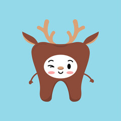 Cute Christmas tooth in deer costume with horns icon in flat cartoon style isolated on background. Happy New Year costume graphic design element vector illustration. Dental care concept.