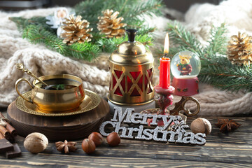 Merry Christmas, postcard with gifts and Christmas decorations.