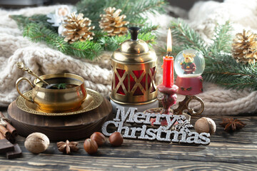 Merry Christmas and Happy New Year, postcard with gifts and Christmas decorations.