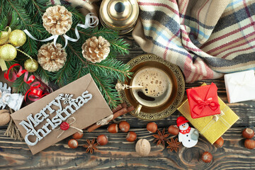 Merry Christmas card with gifts and coffee and Christmas decorations.