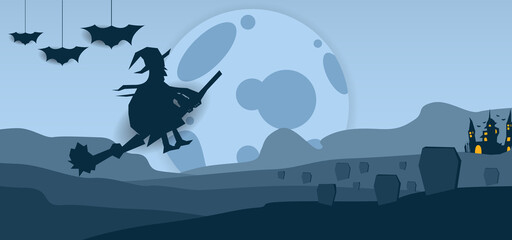 Blue paper cut style halloween background design vector