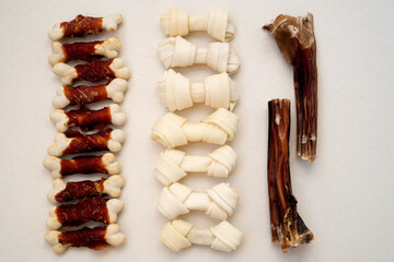 Variety of dog treats. Dod delicacy food on white background.