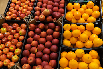 Naklejka na ściany i meble Apple, carrot and orange vitamin street-market showcase.