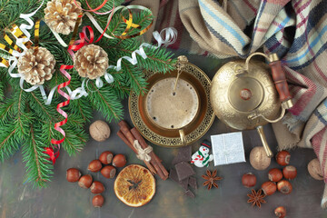 Merry Christmas card with gifts and coffee and Christmas decorations.