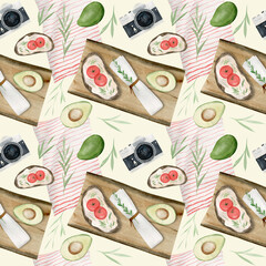 Fototapeta na wymiar Hand drawn watercolor seamless pattern of summer picnic elements. Food, eating