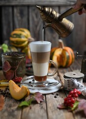 Pumpkin spice latte with whipped cream and cinnamon in glass on rustic wooden background. Selective focus.
