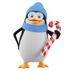 Cartoon character penguin in winter clothes holding a striped candy on an isolated white background. 3d render illustration.