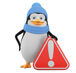 Cartoon character penguin in winter clothes with a big red exclamation mark on an isolated white background. 3d render illustration.