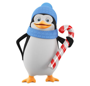 Cartoon character penguin in winter clothes holding a striped candy on an isolated white background. 3d render illustration.