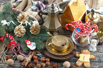 Merry Christmas and Happy New Year, postcard with gifts and Christmas decorations.