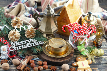 Merry Christmas, postcard with gifts and Christmas decorations.